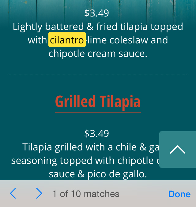 Screenshot of search term in page