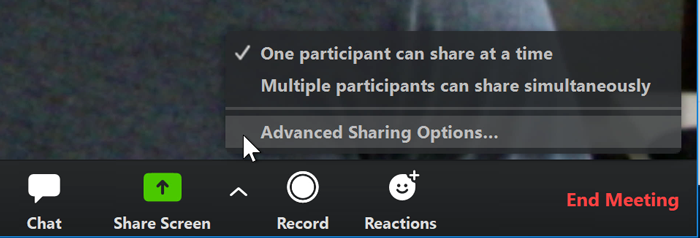 A screenshot of a mouse cursor hovering over Advanced Sharing Options in the Zoom app.